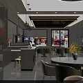 Modern Restaurant Interior With Round Pendant Lights Open Kitchen Dining Table And Green Chairs